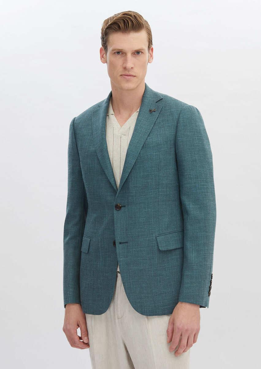 Dark Green Plain Regular Fit Silk Blended Jacket - 3