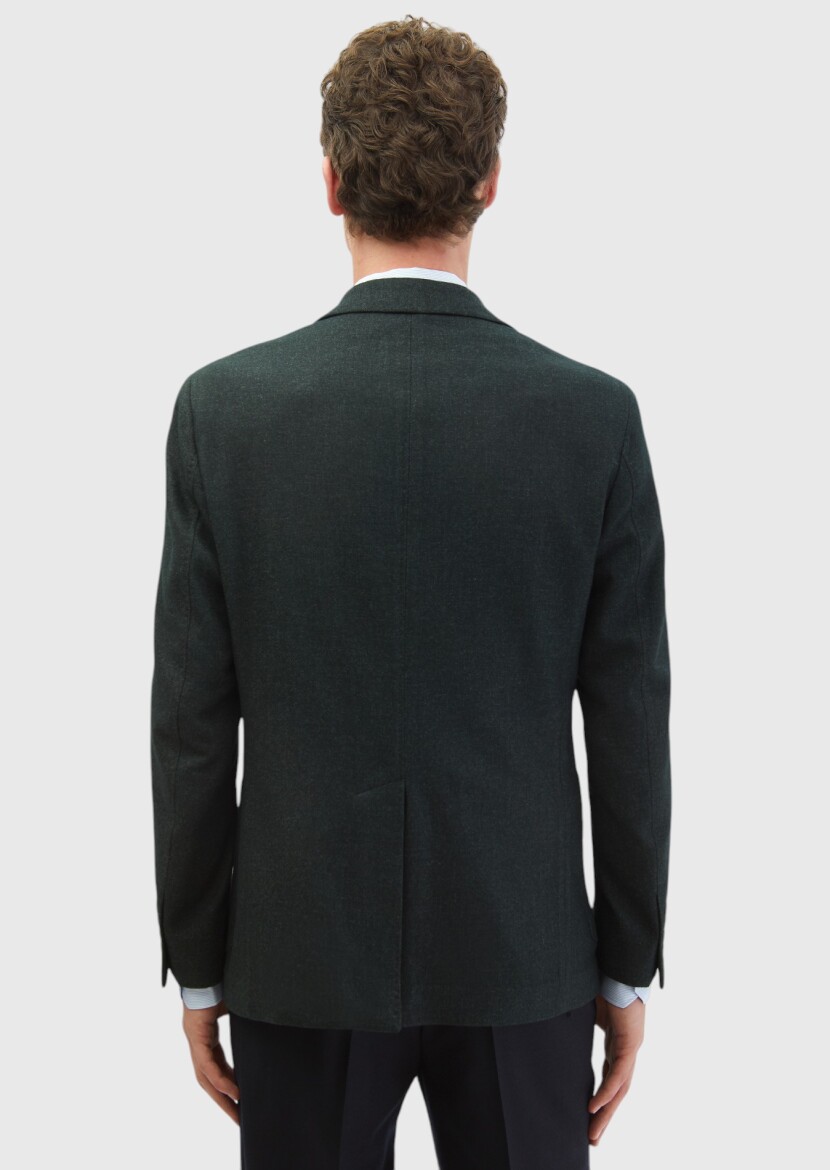 Dark Green Plain Shirt Shoulder Slim Fit Wool Blended Jacket - 5