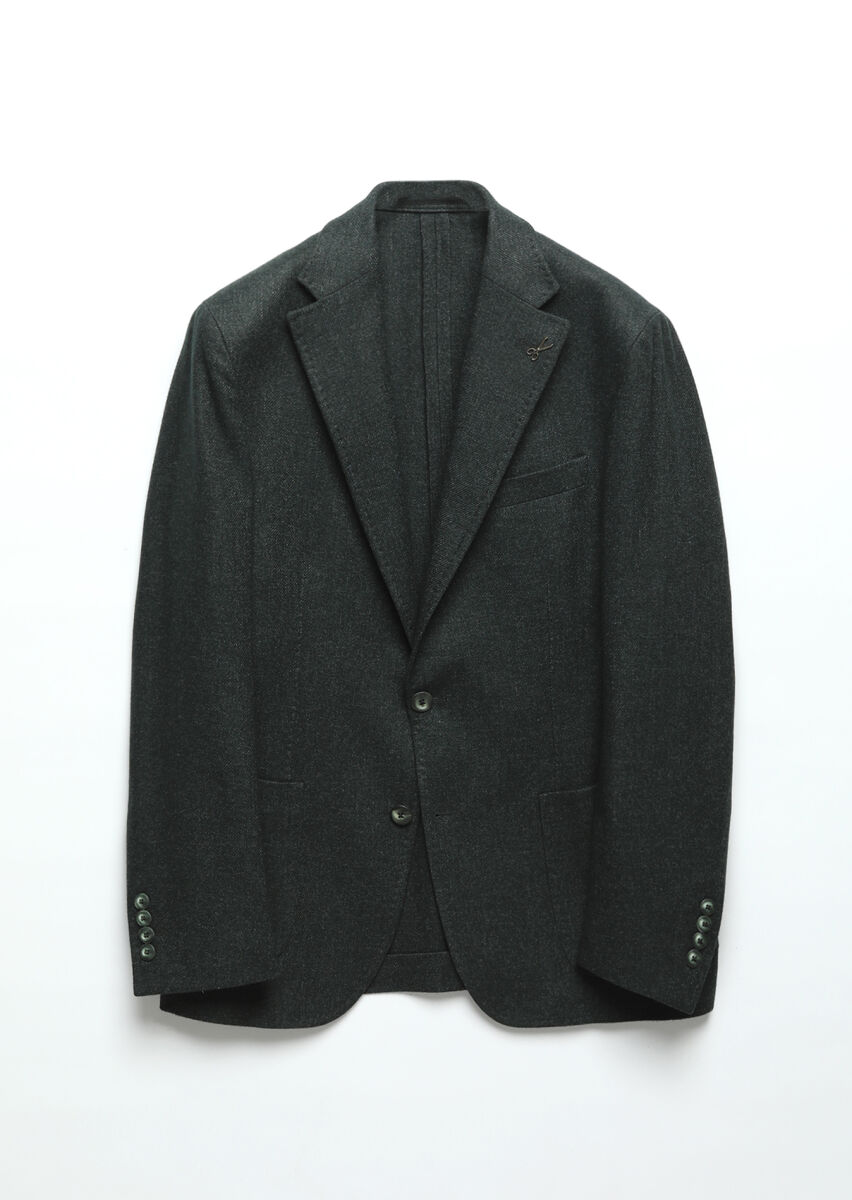 Dark Green Plain Shirt Shoulder Slim Fit Wool Blended Jacket - 6