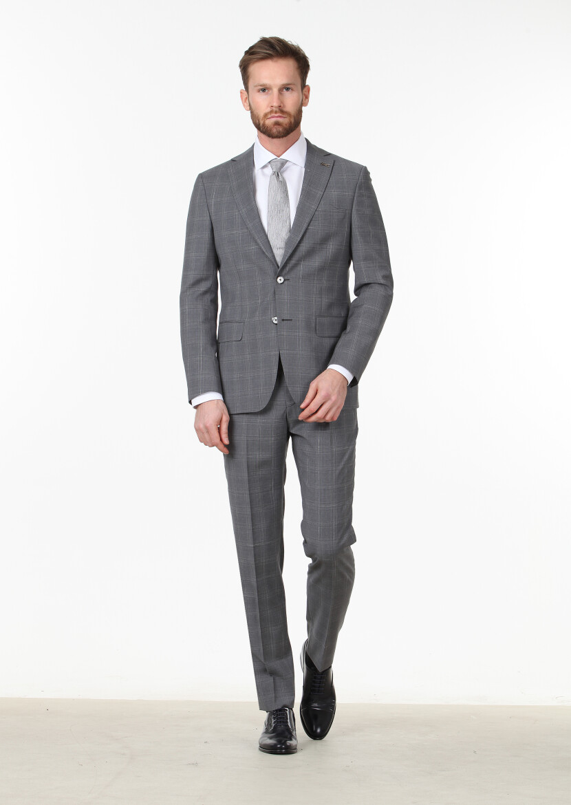 Dark Grey Checkered Modern Fit 100% Wool Suit - 1