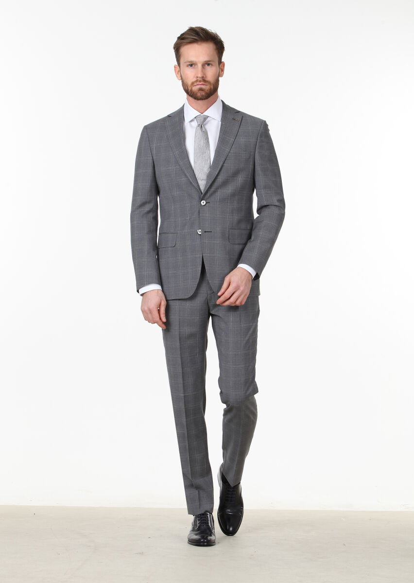 Dark Grey Checkered Modern Fit 100% Wool Suit - 1