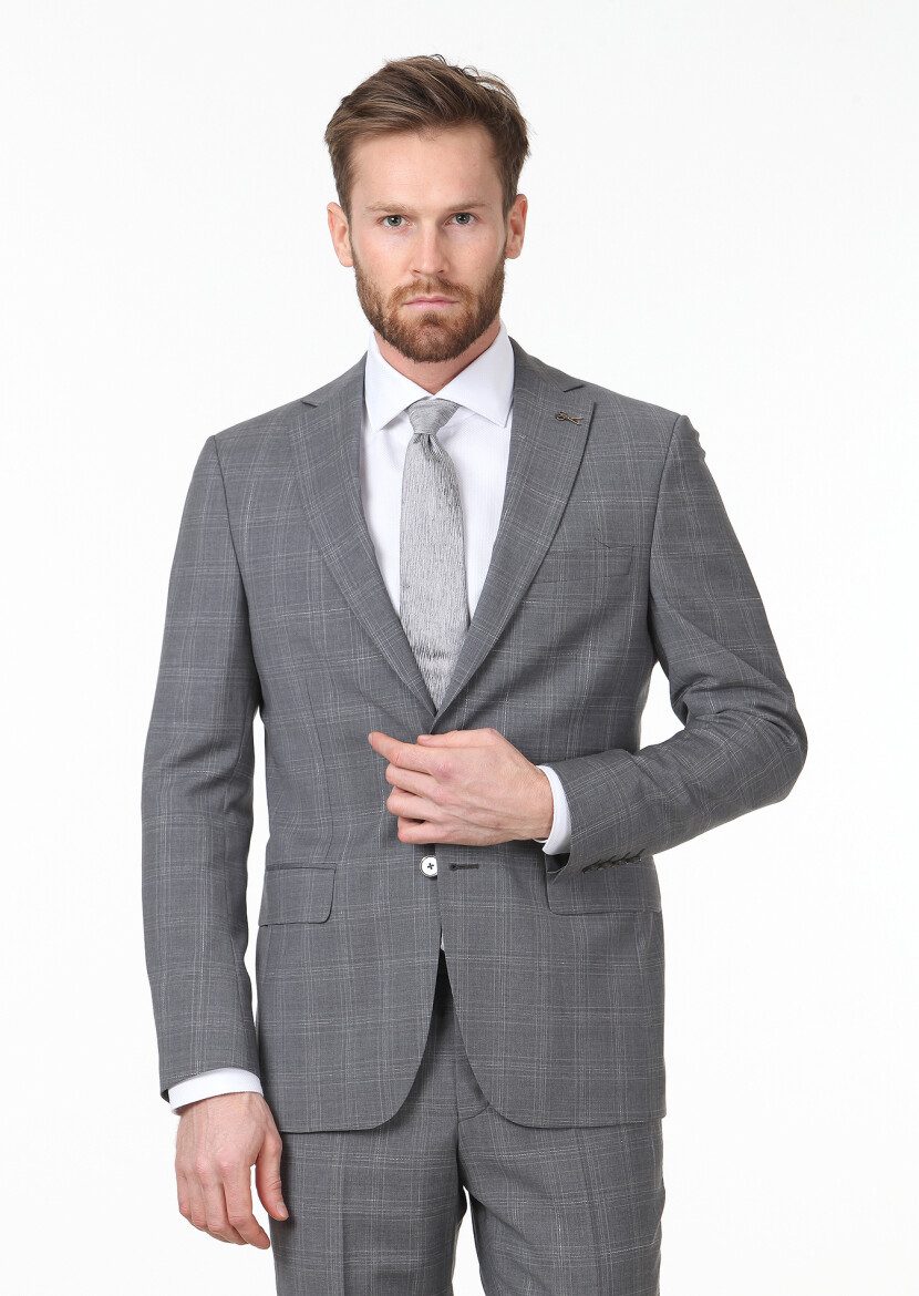Dark Grey Checkered Modern Fit 100% Wool Suit 