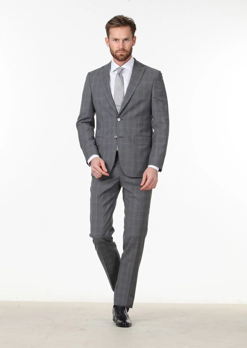 Dark Grey Checkered Modern Fit 100% Wool Suit - 2