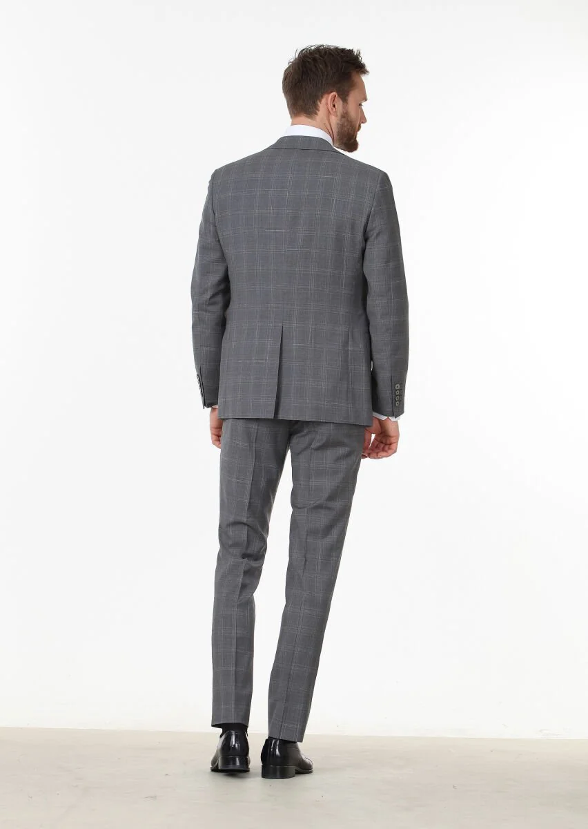 Dark Grey Checkered Modern Fit 100% Wool Suit - 4