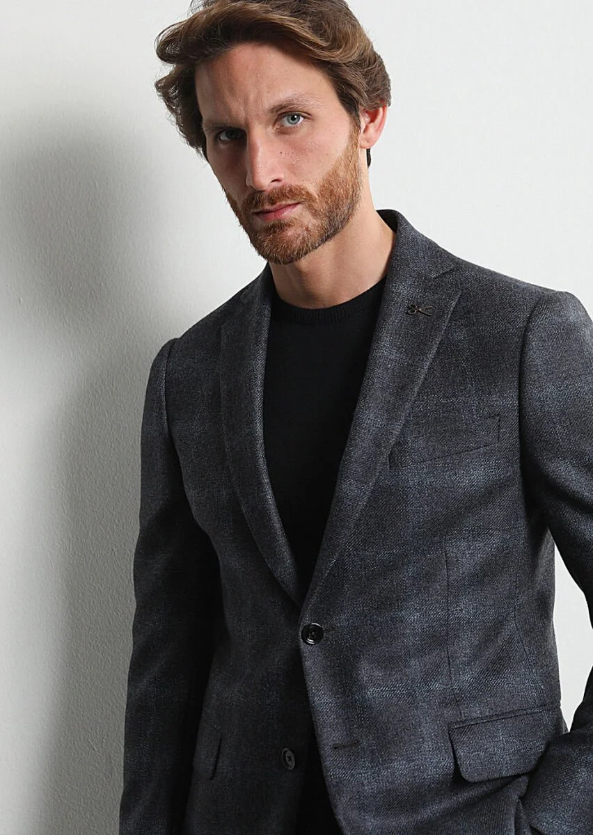 Dark Grey Checkered Regular Fit 100% Wool Jacket - 1