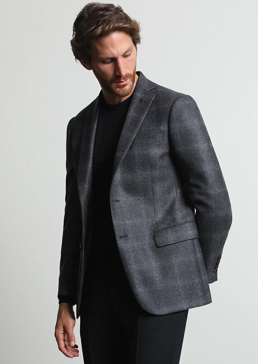 Dark Grey Checkered Regular Fit 100% Wool Jacket - 2