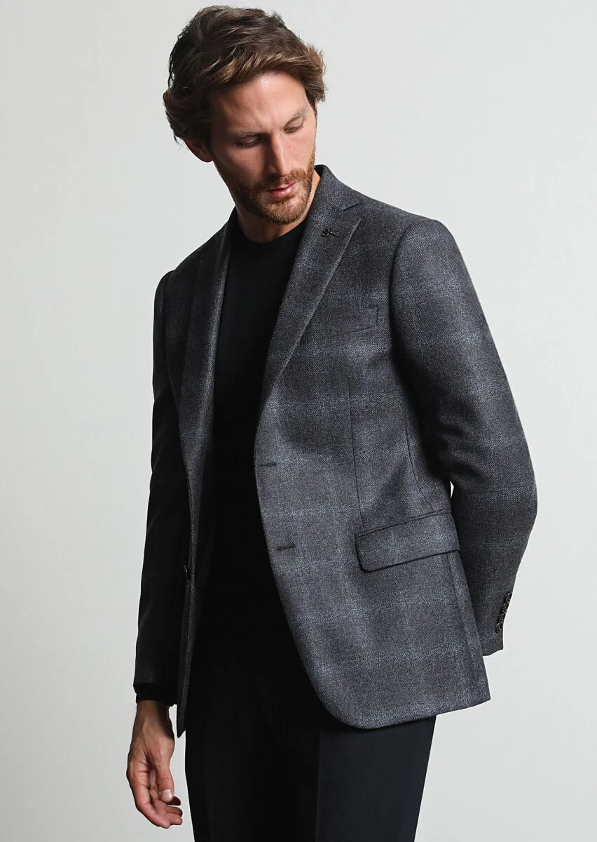 Dark Grey Checkered Regular Fit 100% Wool Jacket - 2