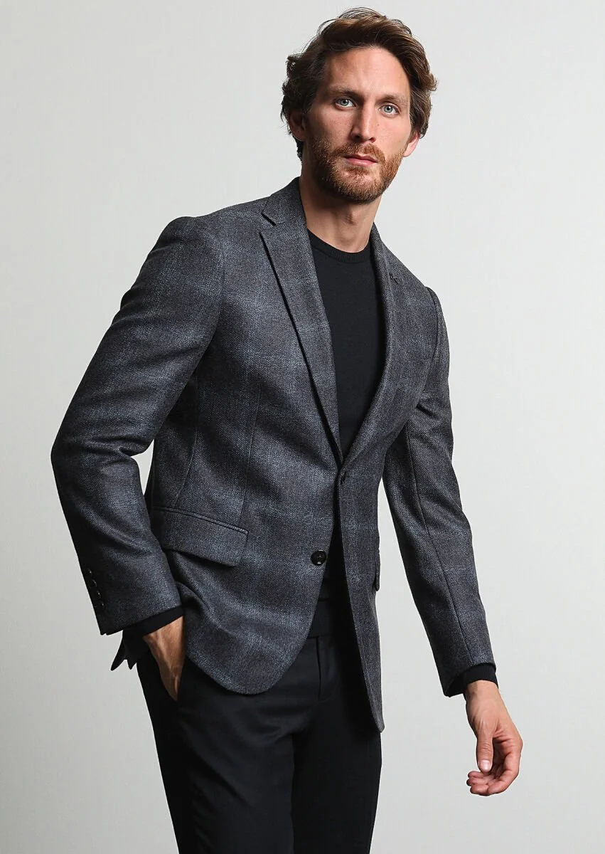 Dark Grey Checkered Regular Fit 100% Wool Jacket - 3