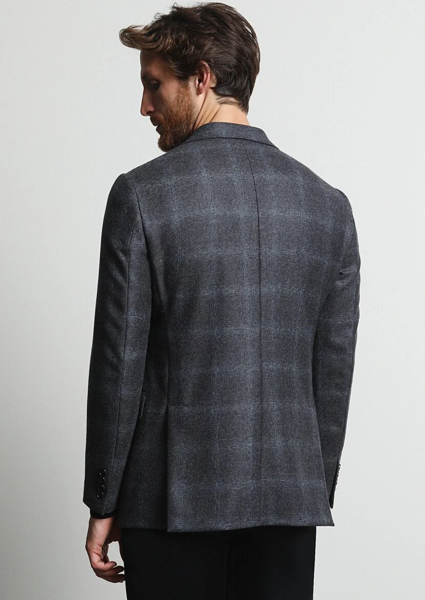 Dark Grey Checkered Regular Fit 100% Wool Jacket - 5