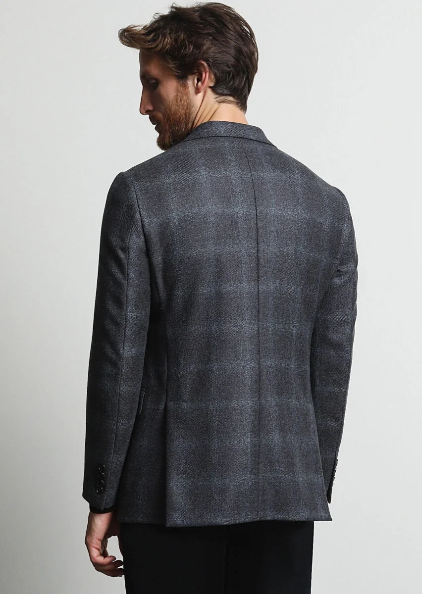 Dark Grey Checkered Regular Fit 100% Wool Jacket - 5