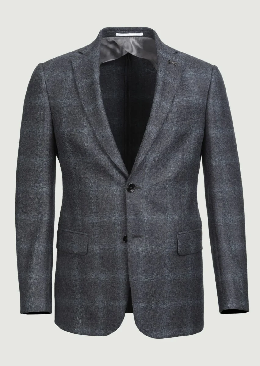 Dark Grey Checkered Regular Fit 100% Wool Jacket - 6