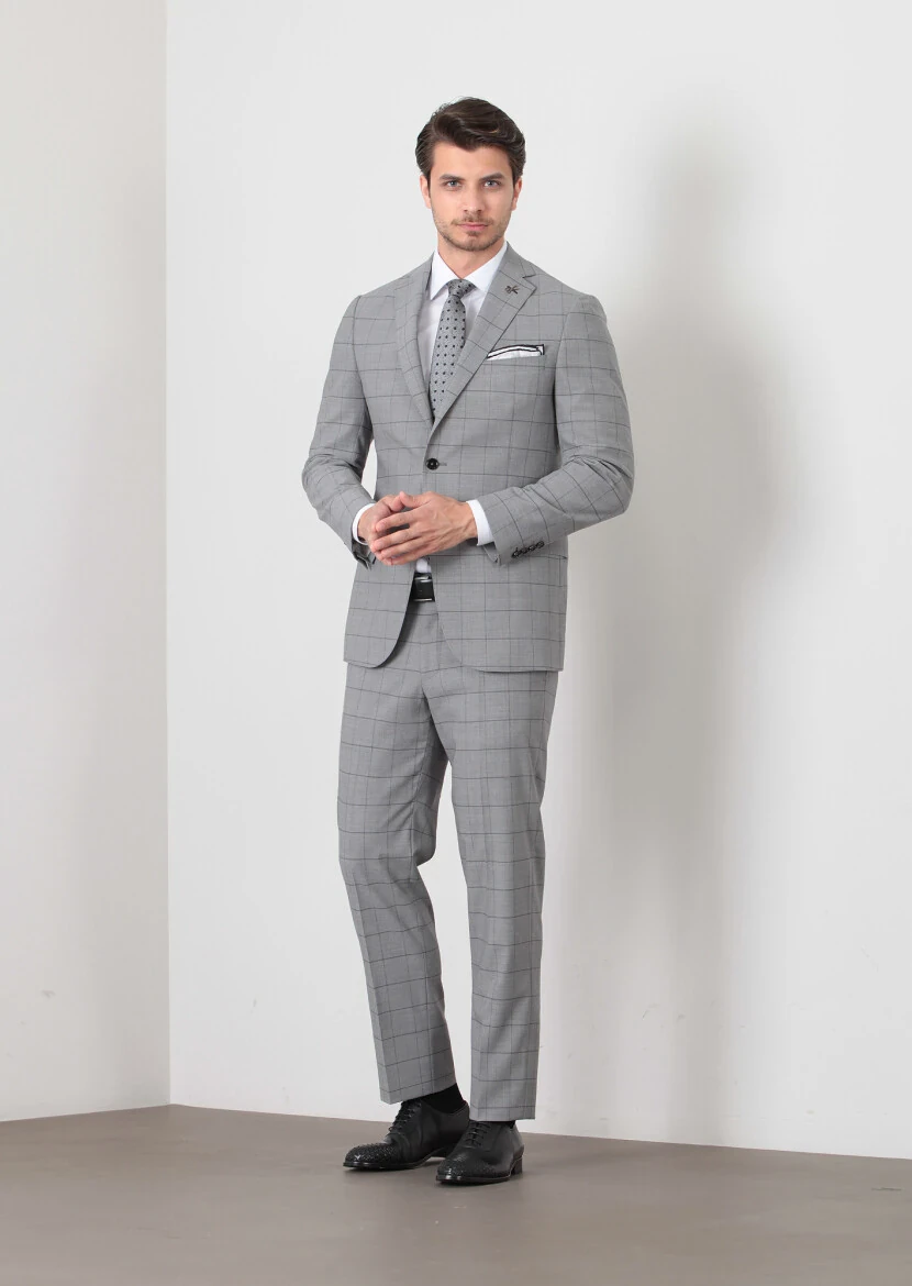 Dark Grey Checkered Regular Fit 100% Wool Suit - 1