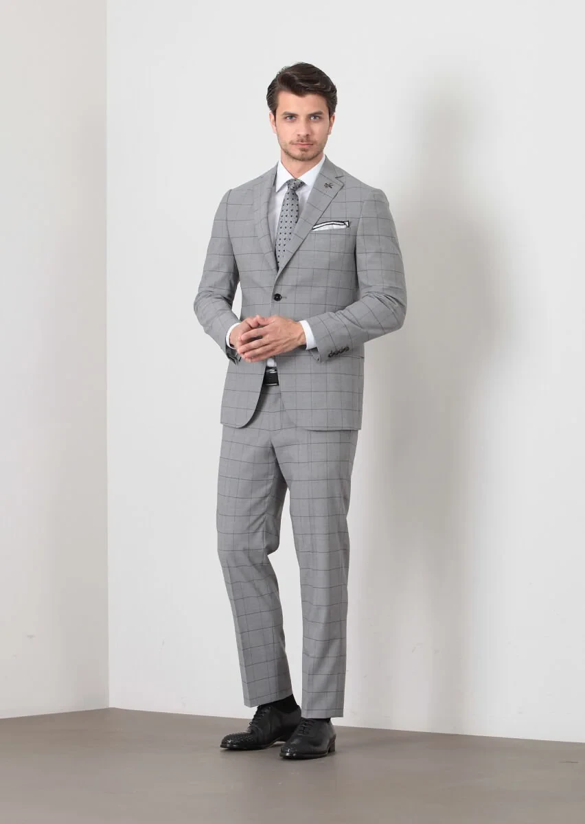 Dark Grey Checkered Regular Fit 100% Wool Suit - 1