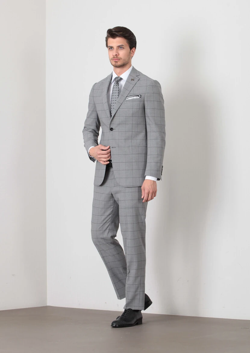Dark Grey Checkered Regular Fit 100% Wool Suit - 2