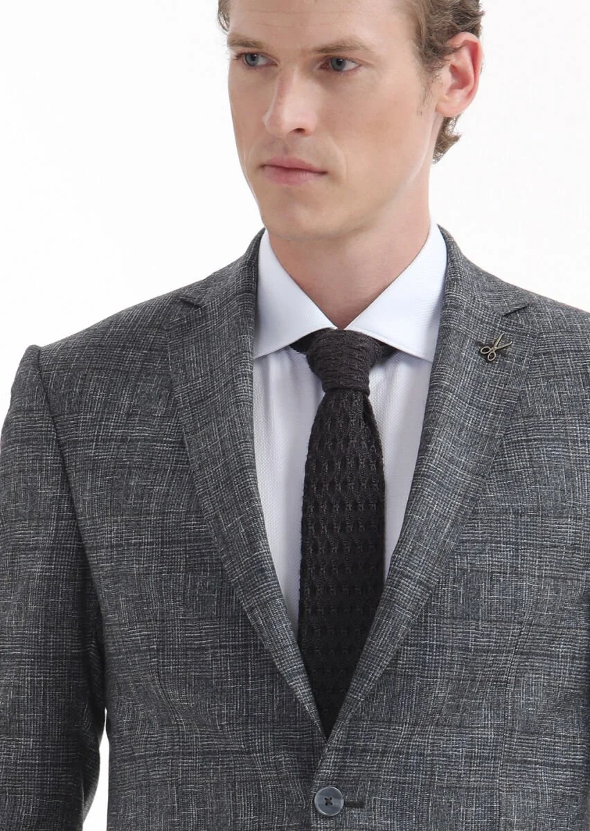Dark Grey Checkered Zeroweight Slim Fit 100% Wool Suit - 4