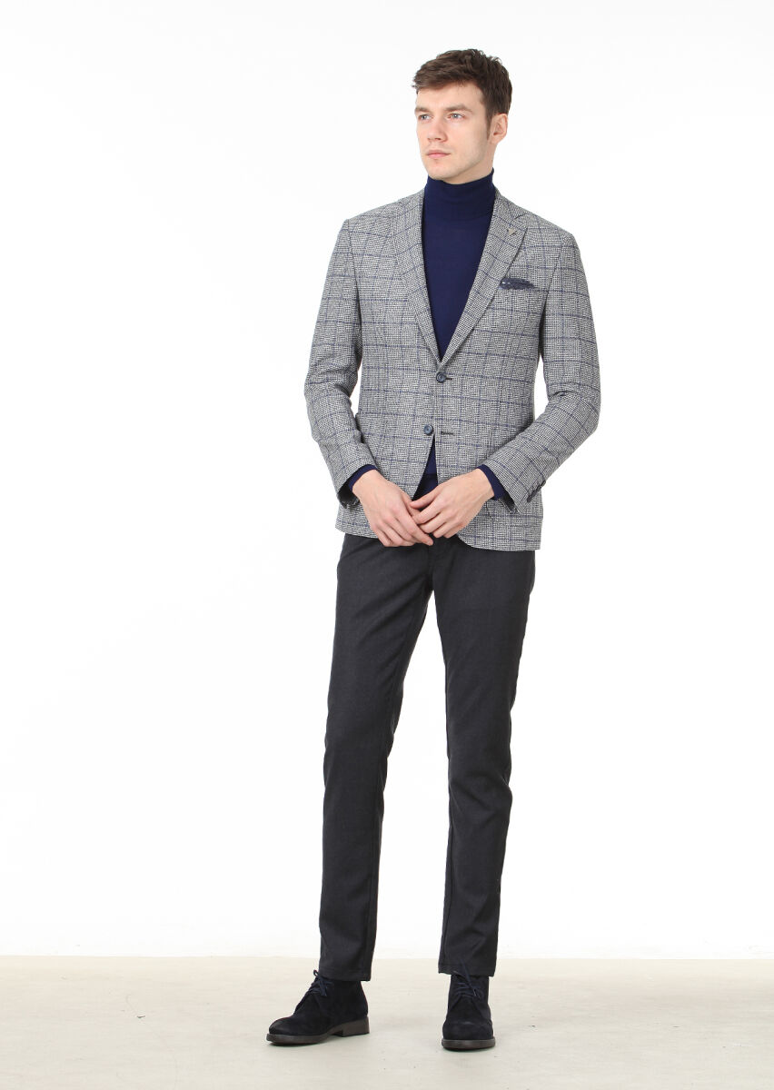 Dark Grey Checkered Zeroweight Slim Fit Wool Blended Jacket - 3
