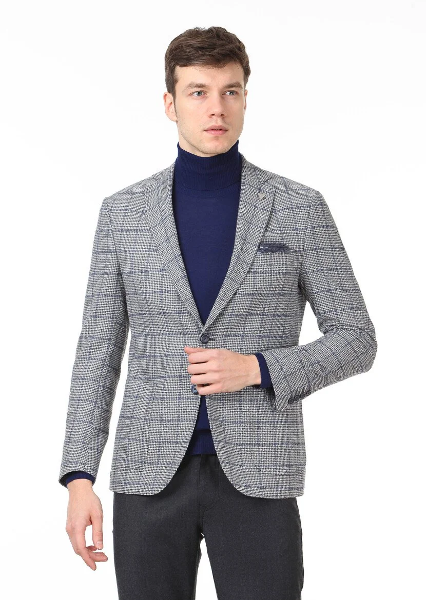 Dark Grey Checkered Zeroweight Slim Fit Wool Blended Jacket - 1