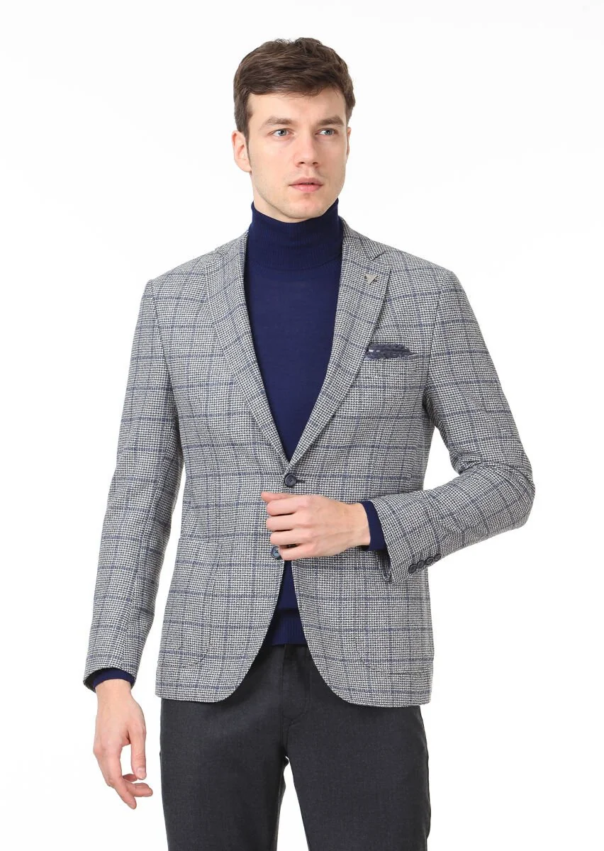 Dark Grey Checkered Zeroweight Slim Fit Wool Blended Jacket - 1