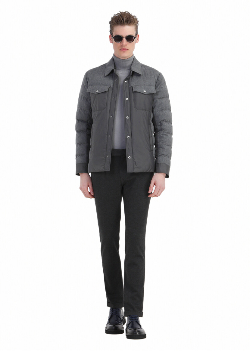Dark Grey Comfort Fit Shirt Collar Casual Weaving Coat - 2