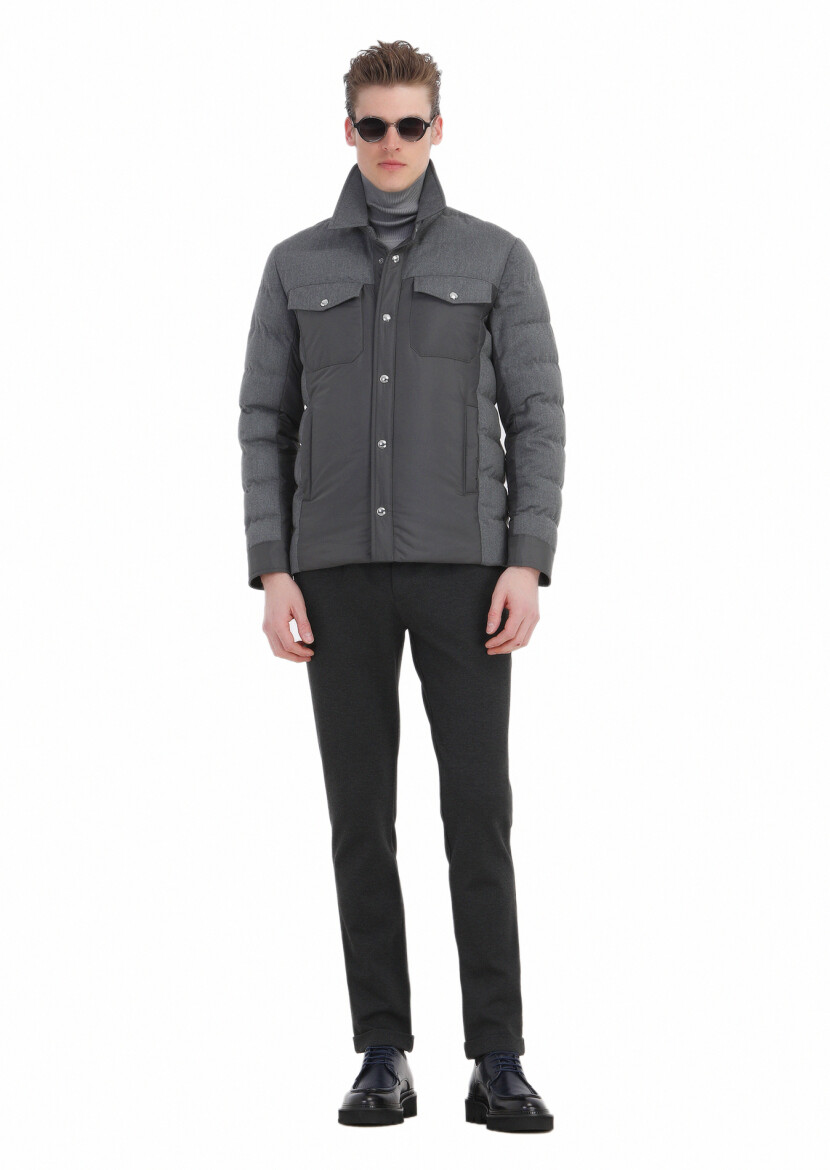 Dark Grey Comfort Fit Shirt Collar Casual Weaving Coat - 3