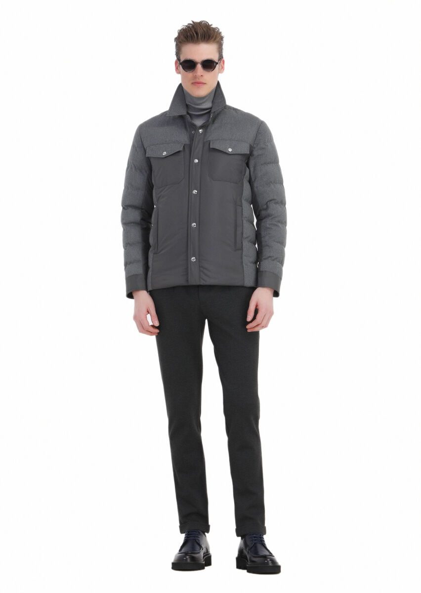 Dark Grey Comfort Fit Shirt Collar Casual Weaving Coat - 3
