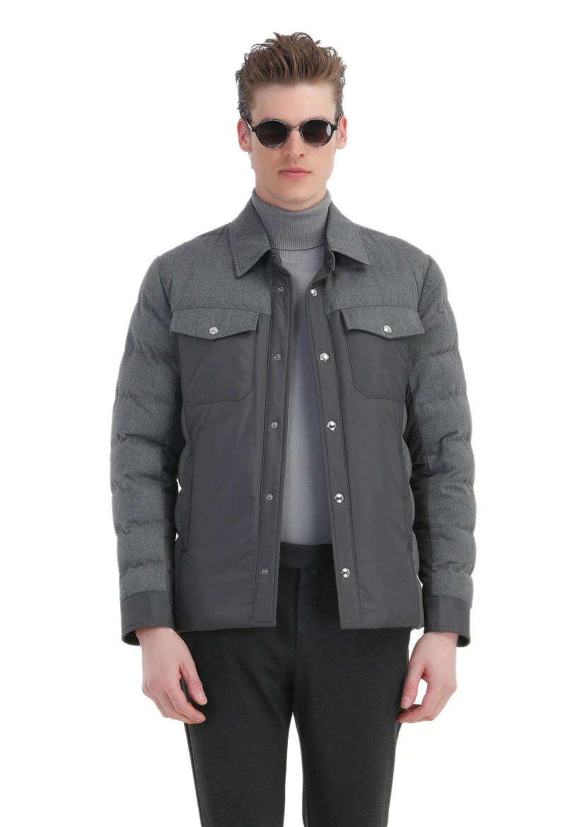 Dark Grey Comfort Fit Shirt Collar Casual Weaving Coat - 1
