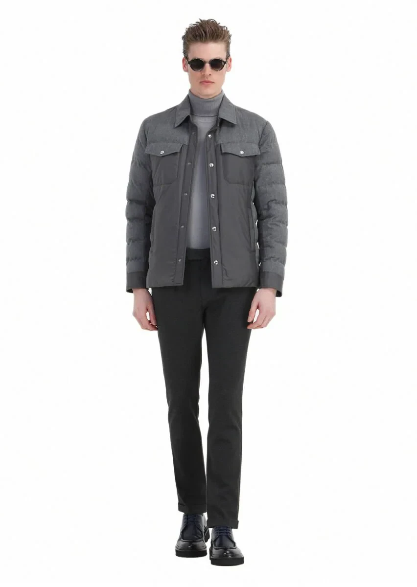 Dark Grey Comfort Fit Shirt Collar Casual Weaving Coat - 2