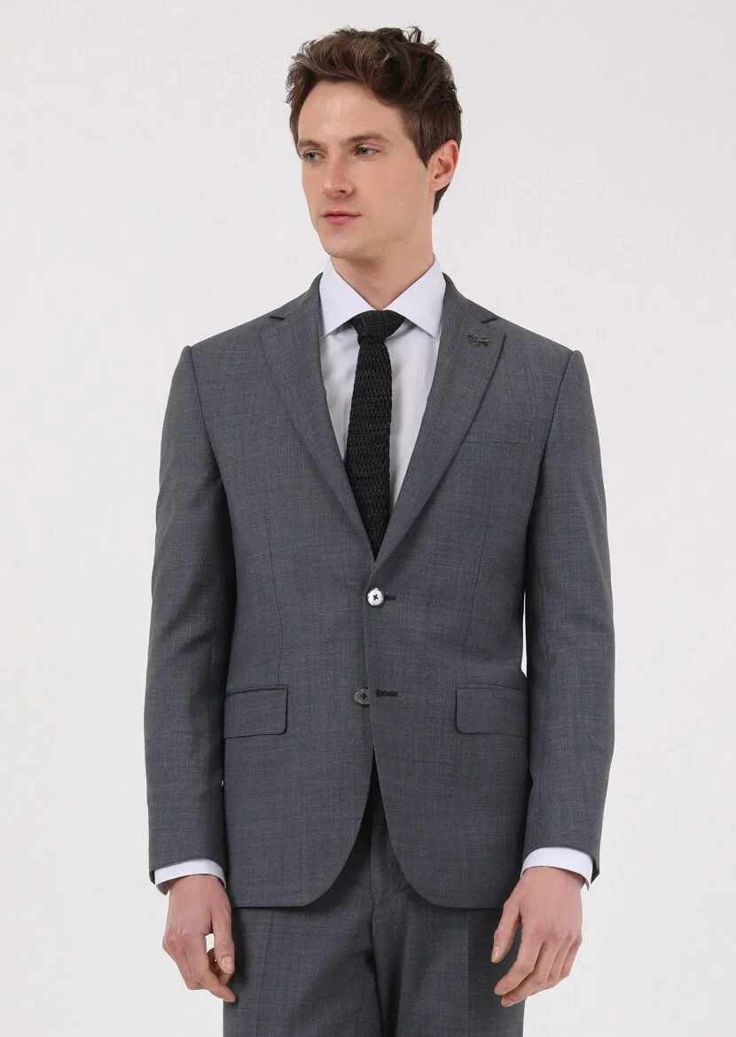 Dark Grey Micro Modern Fit Wool Blended Suit - 2