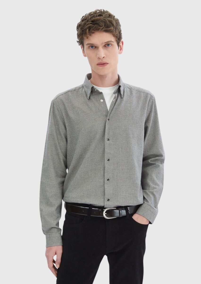 Dark Grey Patterned Casual Fit Long Weaving Casual 100% Cotton Shirt - 1