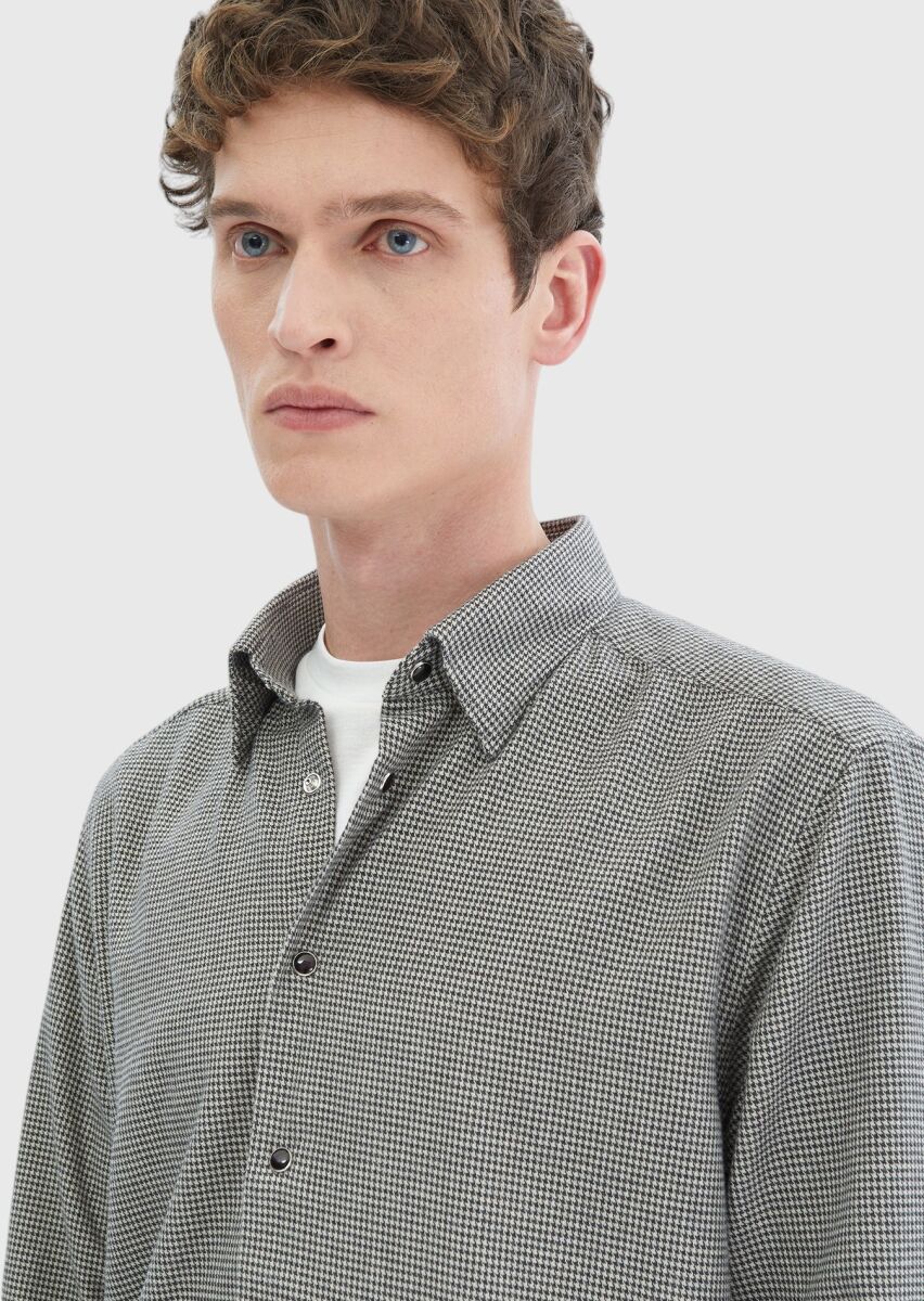 Dark Grey Patterned Casual Fit Long Weaving Casual 100% Cotton Shirt - 4