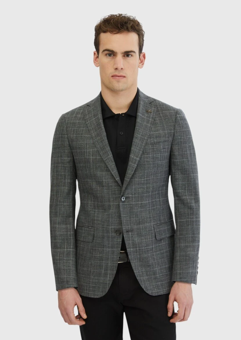 Dark Grey Patterned Regular Fit Silk Blended Jacket - RAMSEY