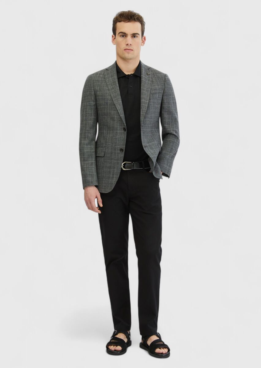 Dark Grey Patterned Regular Fit Silk Blended Jacket - 2