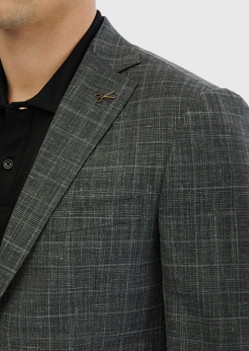 Dark Grey Patterned Regular Fit Silk Blended Jacket - 4