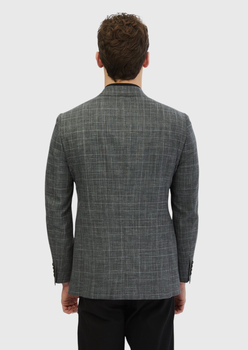 Dark Grey Patterned Regular Fit Silk Blended Jacket - 7