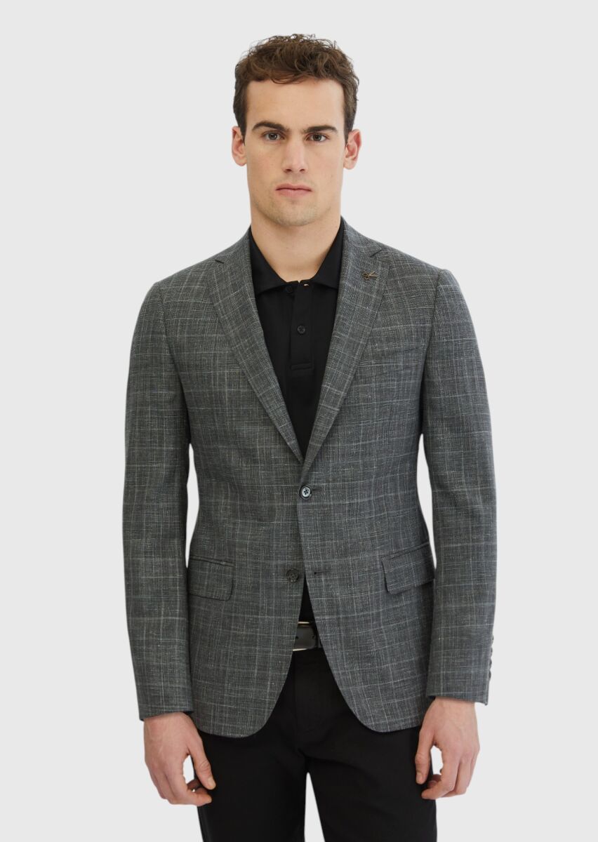 Dark Grey Patterned Regular Fit Silk Blended Jacket - 1