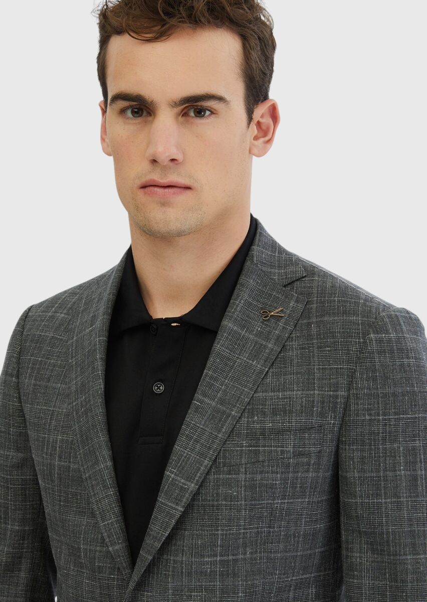 Dark Grey Patterned Regular Fit Silk Blended Jacket - 3