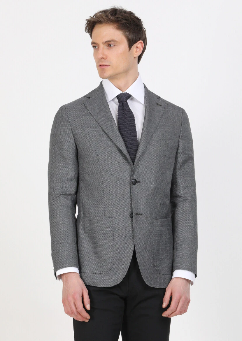 Dark Grey Plain Comfort Fit Silk Blended Jacket - 1