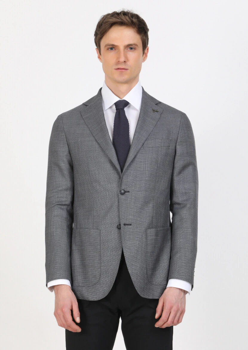 Dark Grey Plain Comfort Fit Silk Blended Jacket - 3