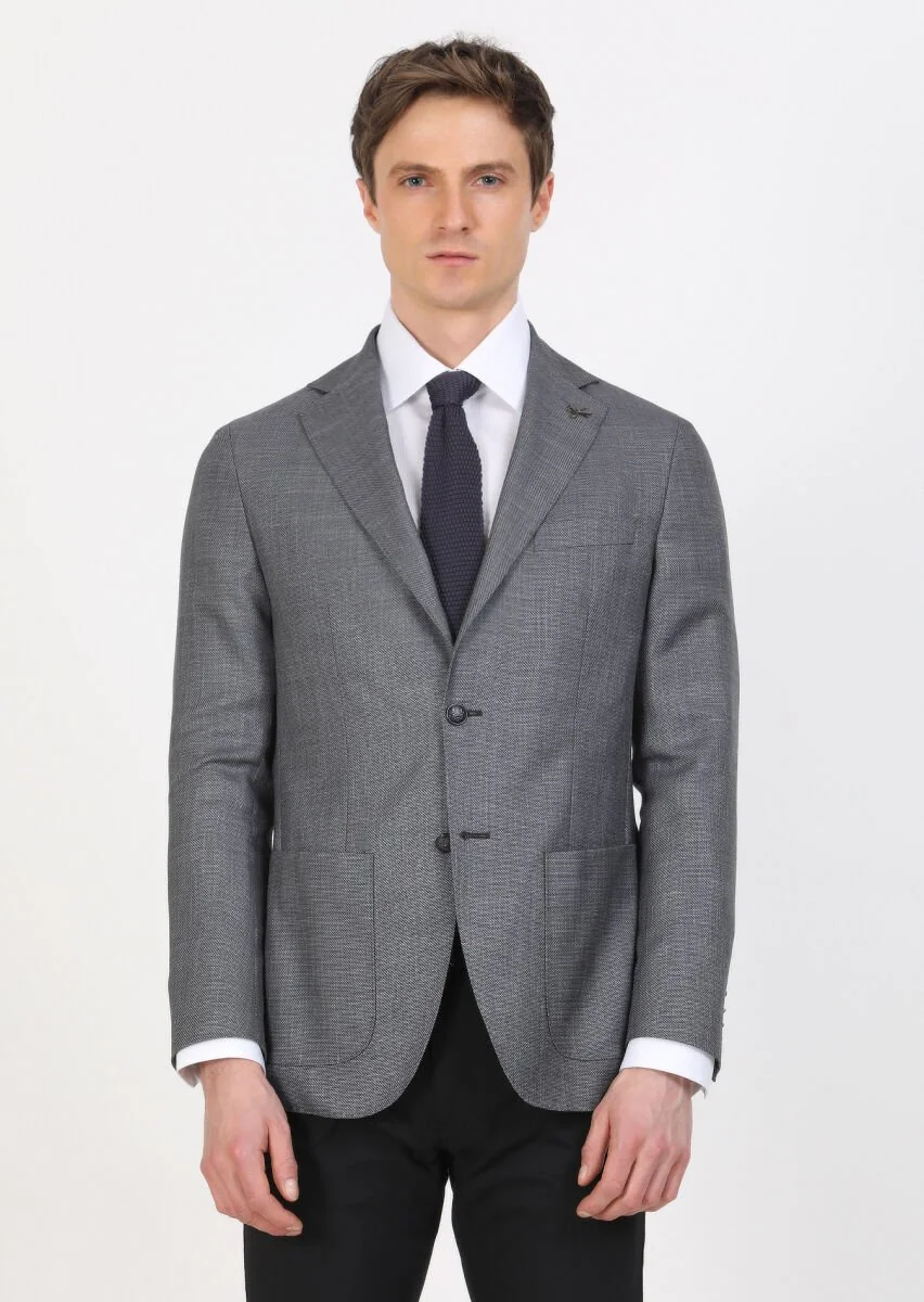 Dark Grey Plain Comfort Fit Silk Blended Jacket - 3