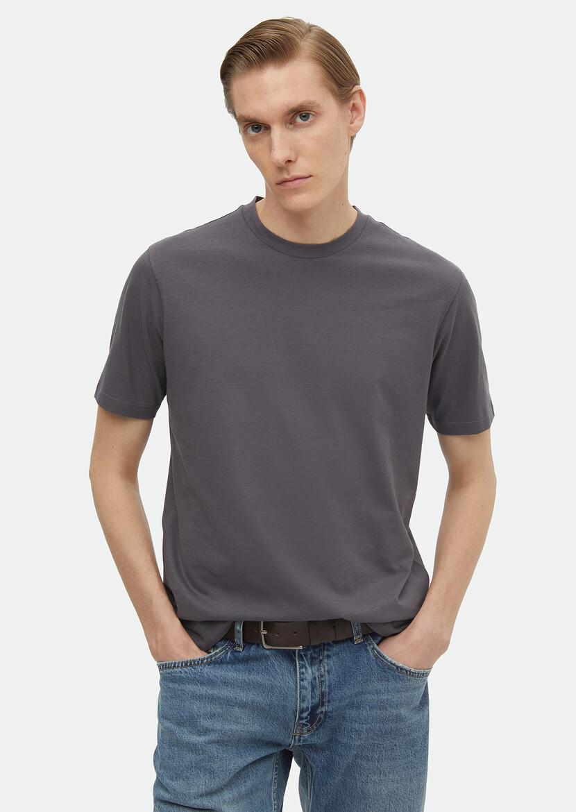 Dark Grey Plain Crew Neck 100% Cotton T-Shirt - 1