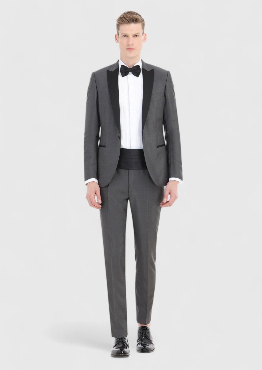 Dark Grey Plain Fashion Slim Fit Double Breasted Collar Weaving Tuxedo - 1