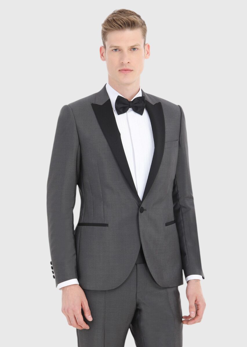 Dark Grey Plain Fashion Slim Fit Double Breasted Collar Weaving Tuxedo - 2