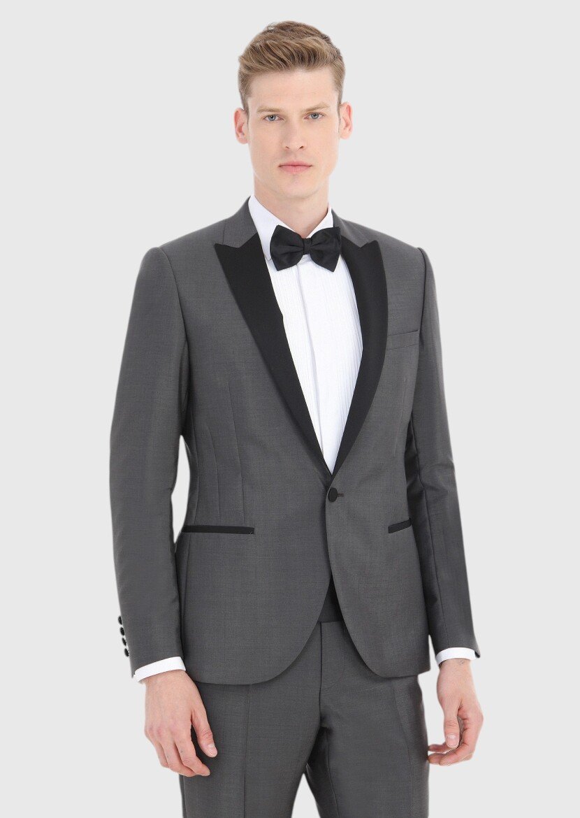 Dark Grey Plain Fashion Slim Fit Double Breasted Collar Weaving Tuxedo - 2