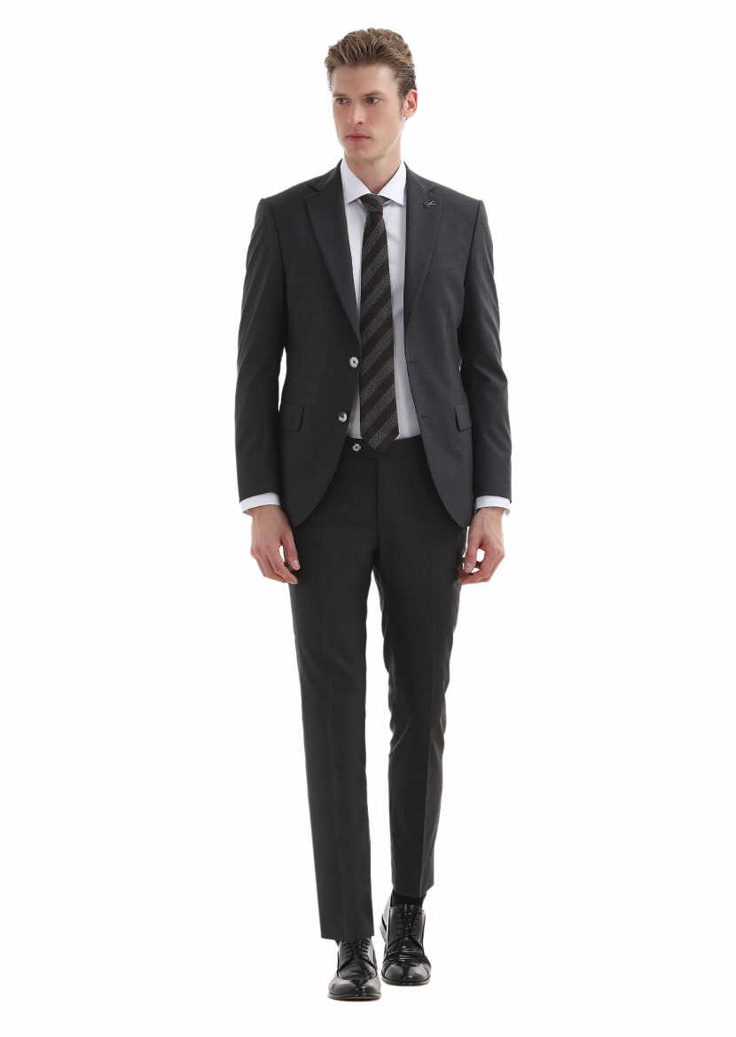 Dark Grey Plain Modern Fit 100% Wool Suit - 1