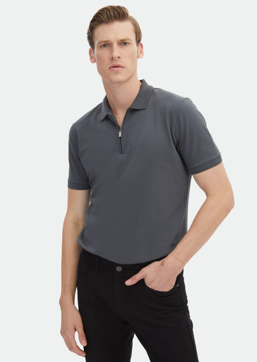 Dark Grey Plain Polo Neck 100% Cotton T-Shirt - 1