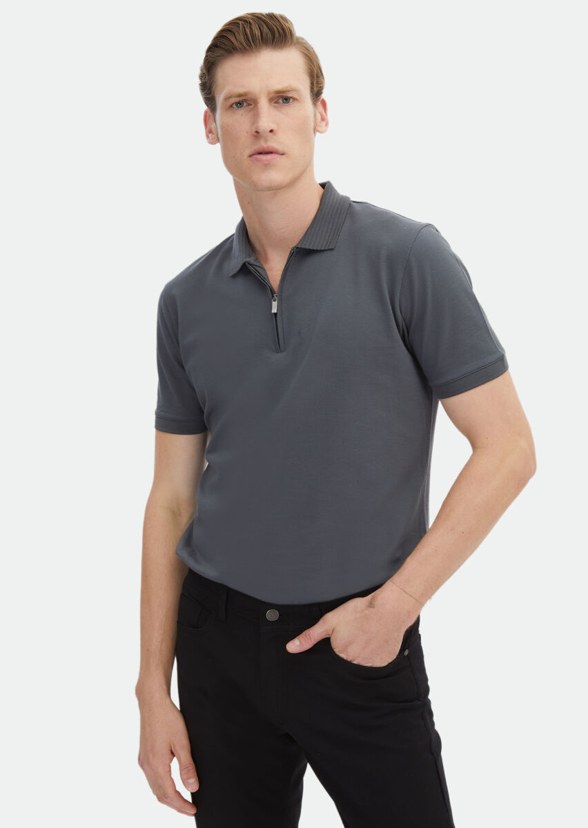 Dark Grey Plain Polo Neck 100% Cotton T-Shirt - 1