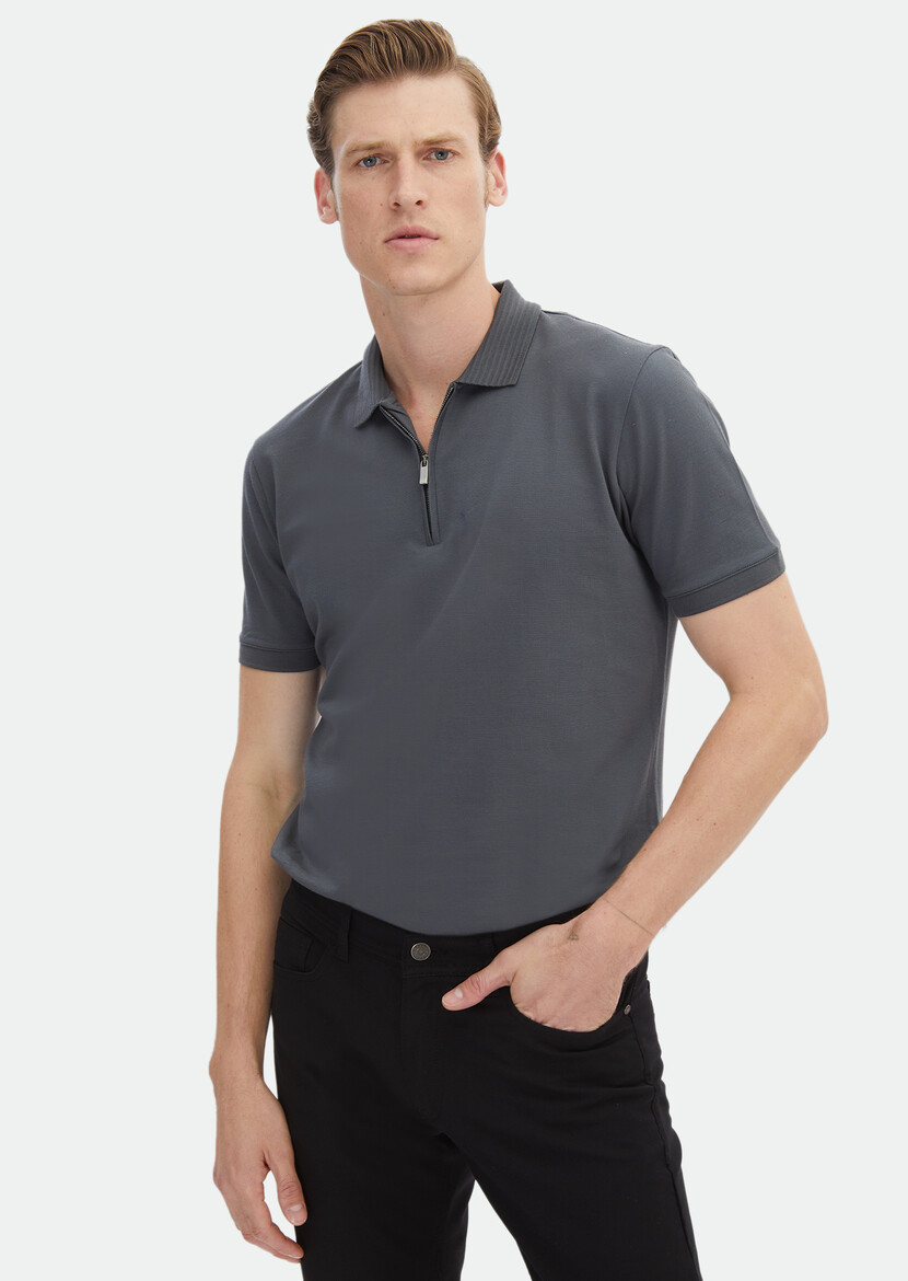 Dark Grey Plain Polo Neck 100% Cotton T-Shirt 