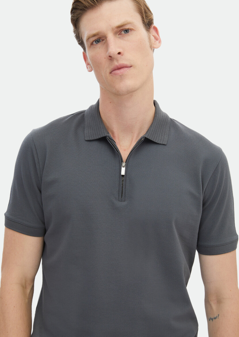 Dark Grey Plain Polo Neck 100% Cotton T-Shirt - 3