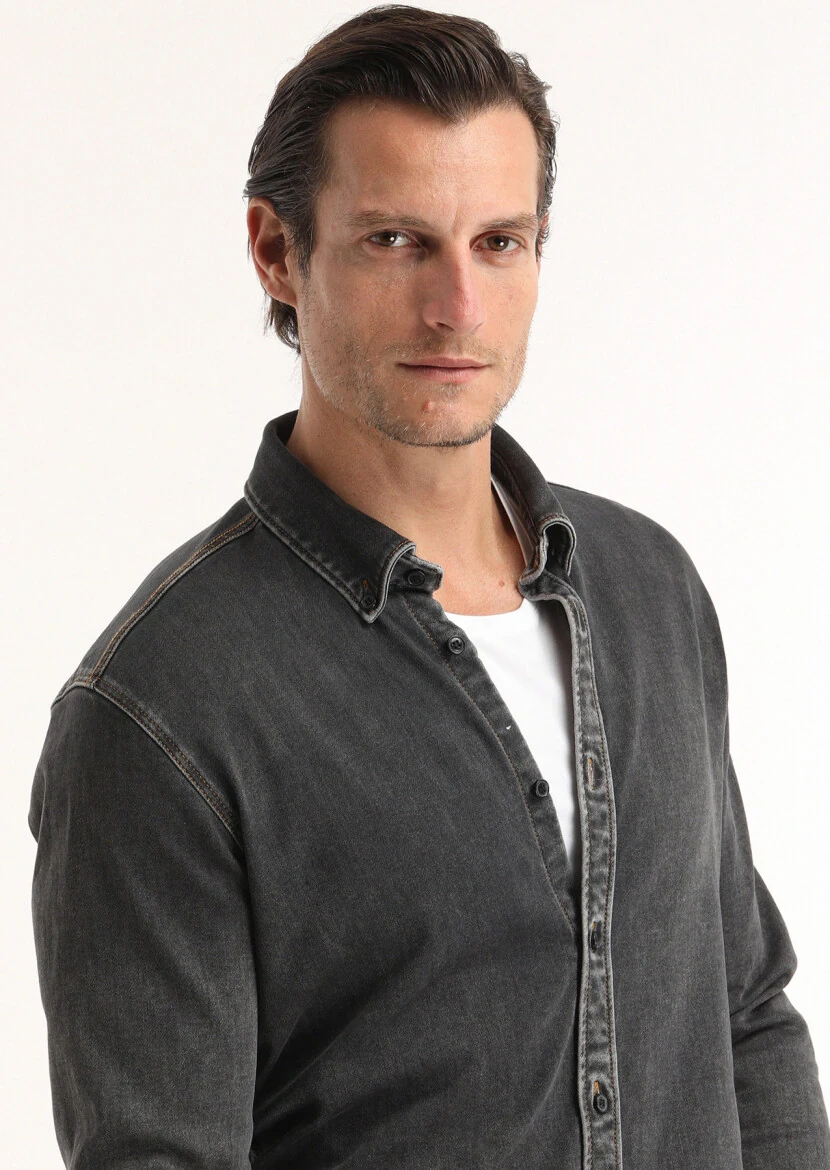 Dark Grey Plain Regular Fit Denim Cotton Blended Shirt - 3
