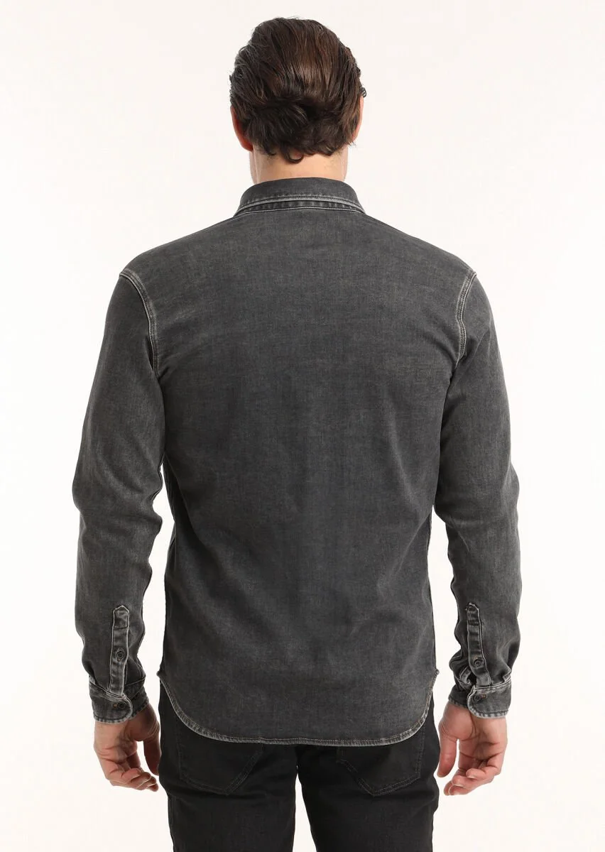 Dark Grey Plain Regular Fit Denim Cotton Blended Shirt - 5